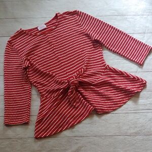 Savida Red and White Patterned Peplume Top With Knit Detail